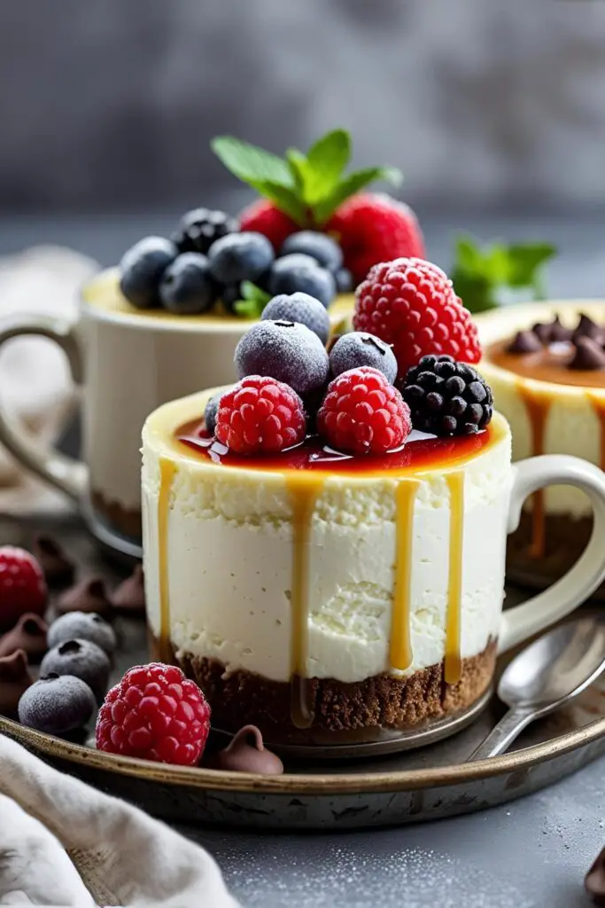 Two mug cheesecakes – one with chocolate chips, one with berries