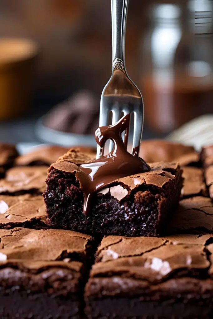 Two variations of finished brownies: one pan-style with cracks on top and one single serving with a scoop of ice cream