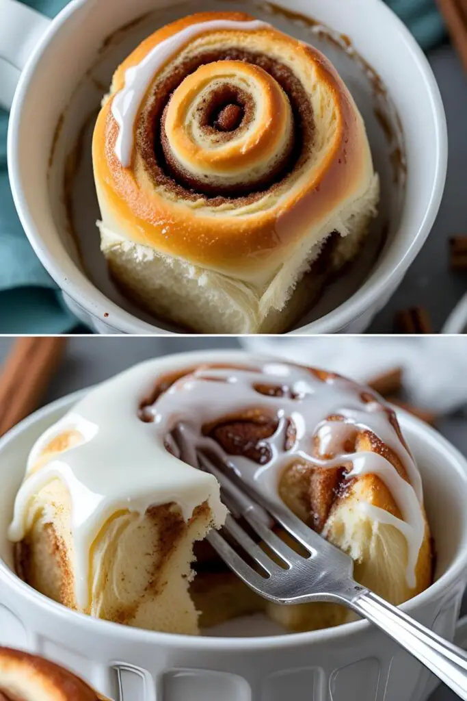  Viral mug cinnamon roll recipe with icing drizzle and fluffy cinnamon swirl inside a white mug