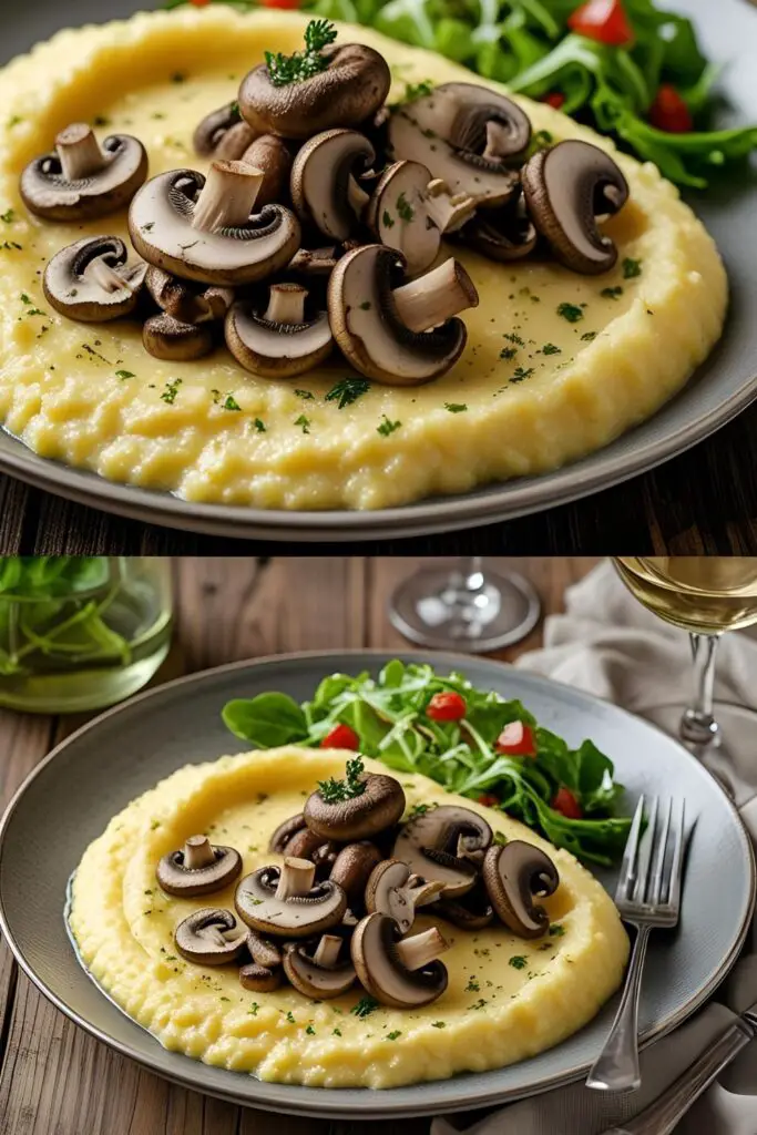 "Plated mushroom polenta with a side of fresh salad."