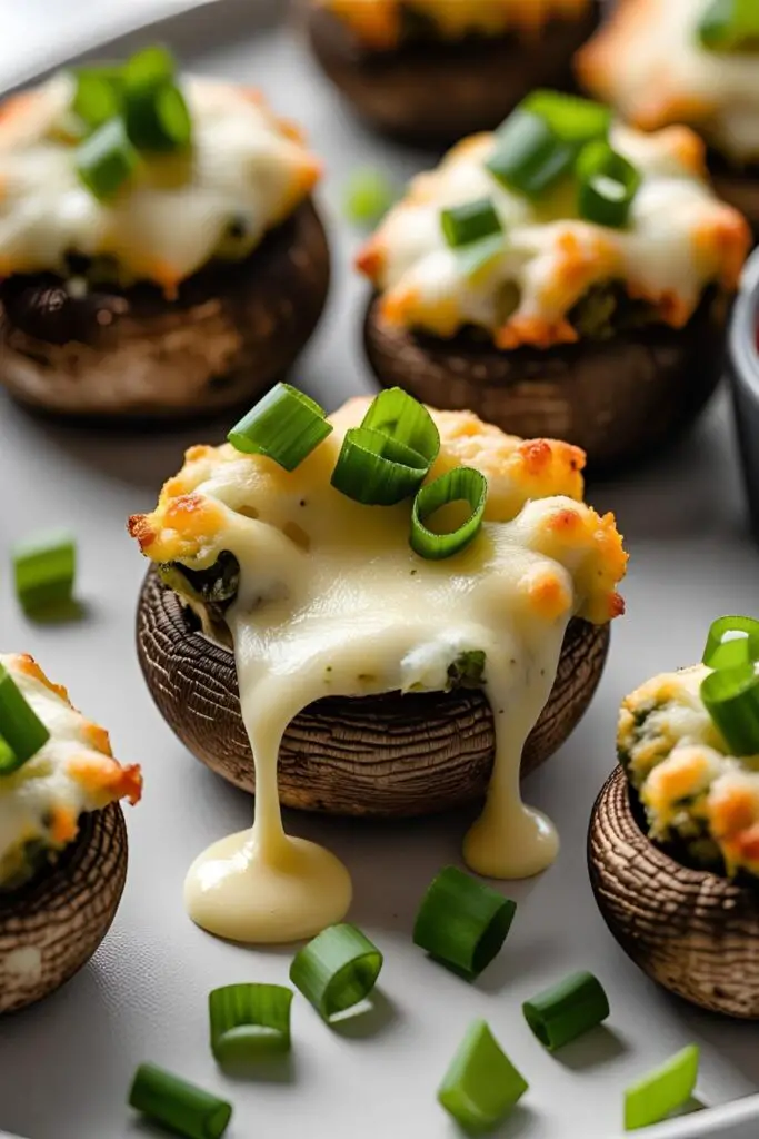 "Plate of air fryer stuffed mushrooms with cream cheese, garnished with fresh herbs."