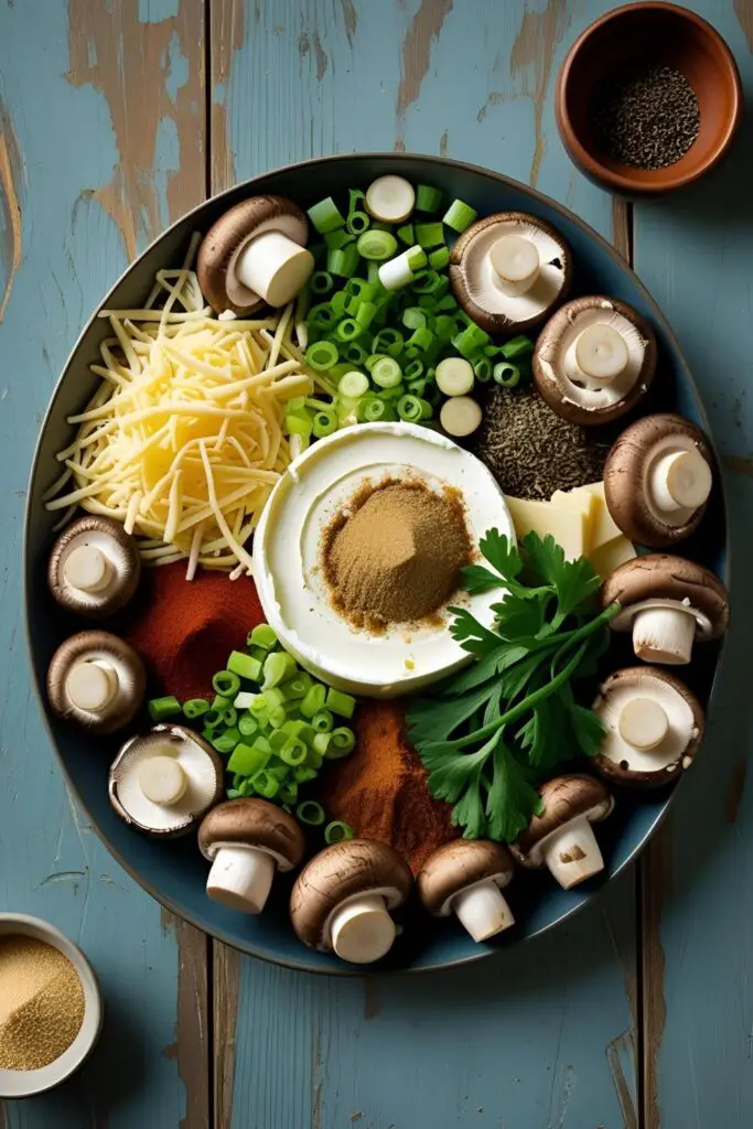  "Close-up of air fryer stuffed mushrooms with melted cheese and herbs."