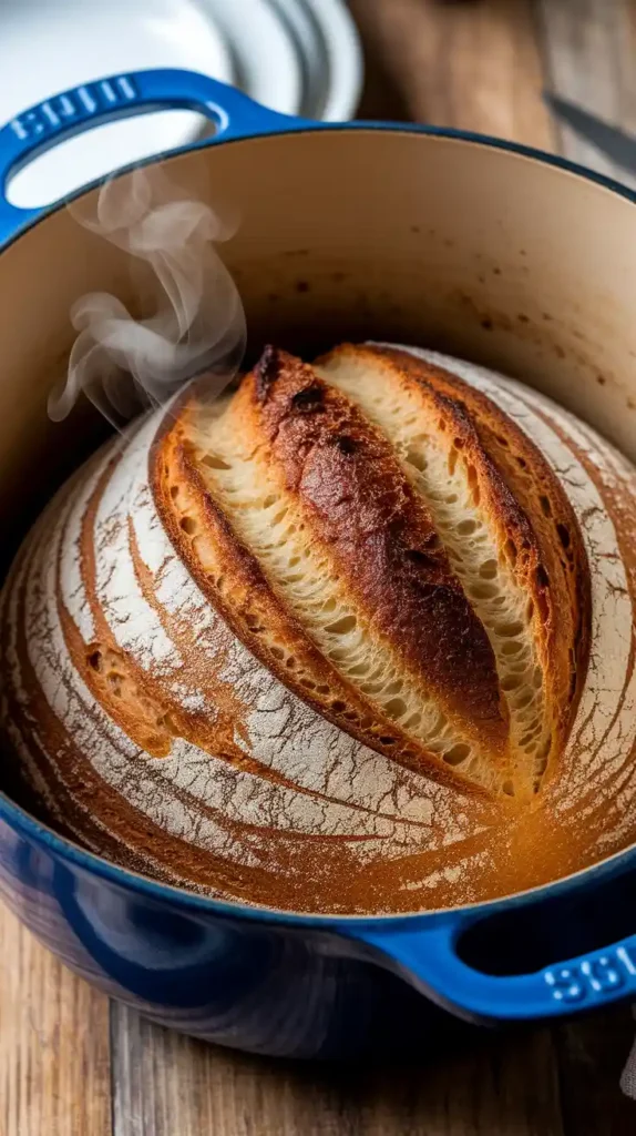 Freshly baked no knead bread sliced on a cooling rack with rustic crumb and crust.