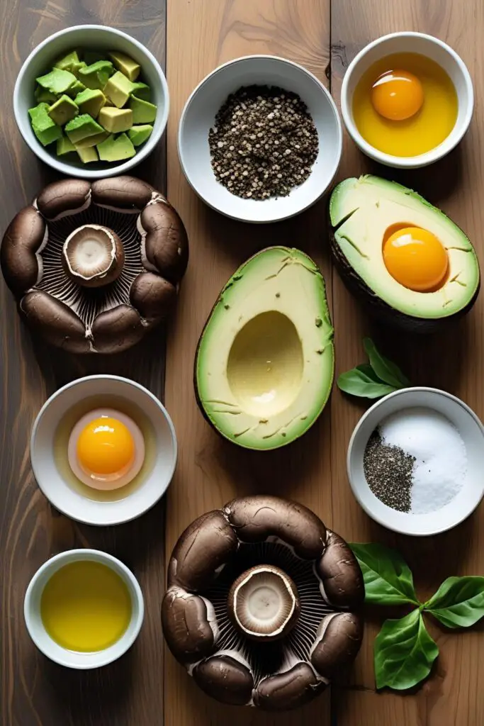 Overhead shot of avocado and egg stuffed portobello mushrooms on a white plate.