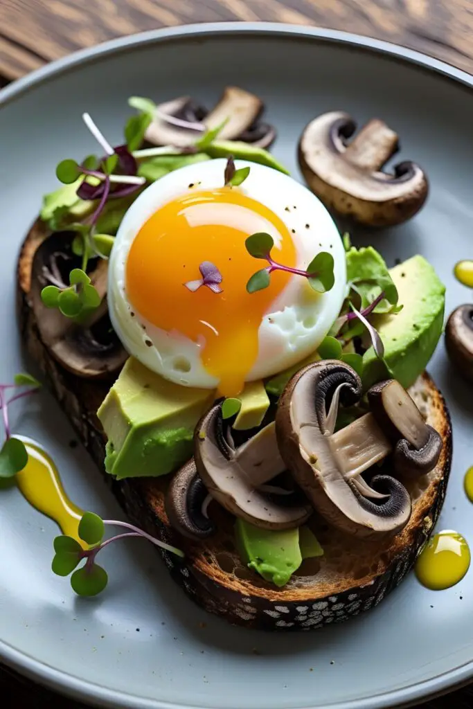 Golden-brown mushrooms layered over creamy avocado on toasted sourdough, topped with a soft poached egg oozing rich yolk—garnished with fresh herbs and chili flakes for the ultimate brunch bite.