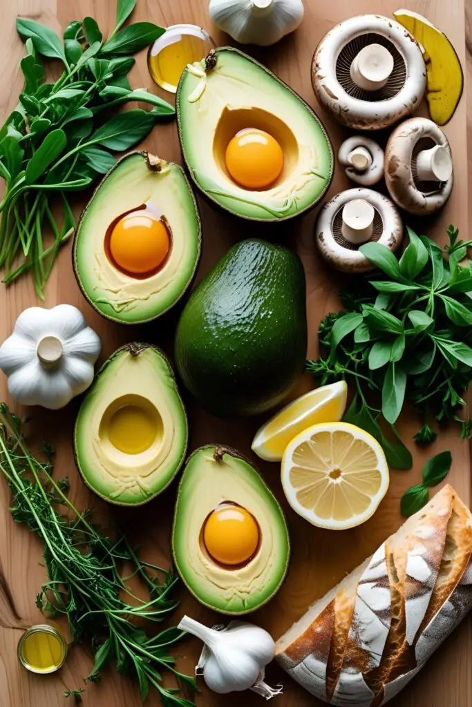 Two slices of toast with mashed avocado, mushrooms, and poached eggs garnished with herbs.