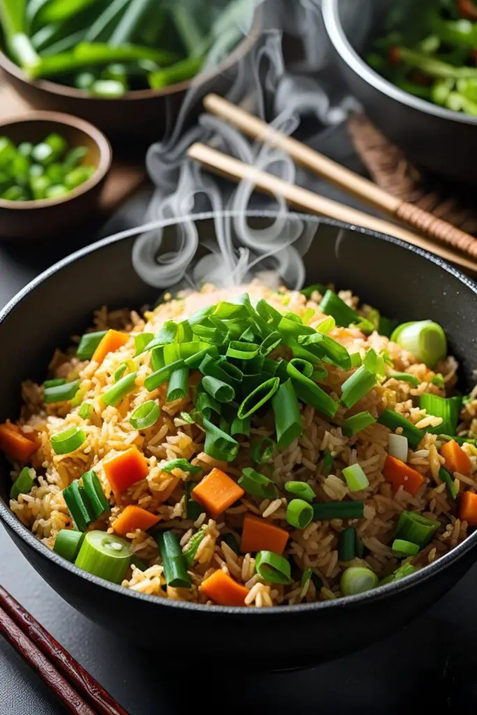 Bowl of golden homemade fried rice with fresh veggie mix and eggs.