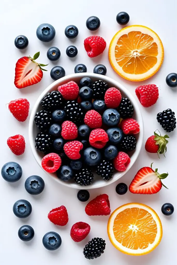  Close-up of berry-infused water in a clear glass pitcher, with vibrant berries and citrus slices floating inside.