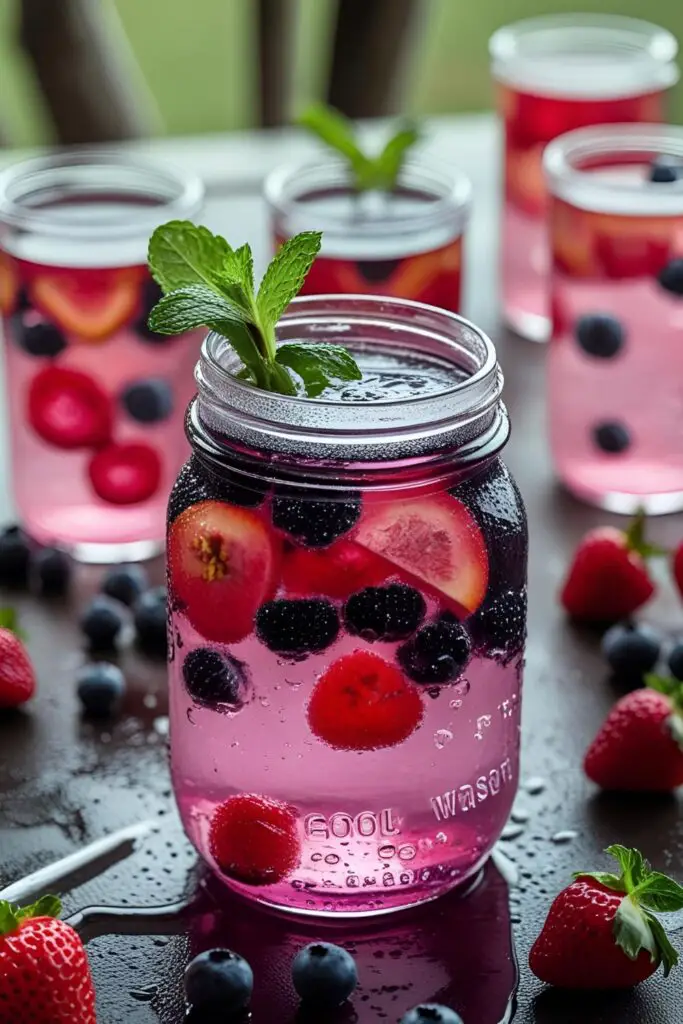 Overhead shot of a picnic setup featuring berry-infused water glasses surrounded by fresh fruits and a sunny backdrop.