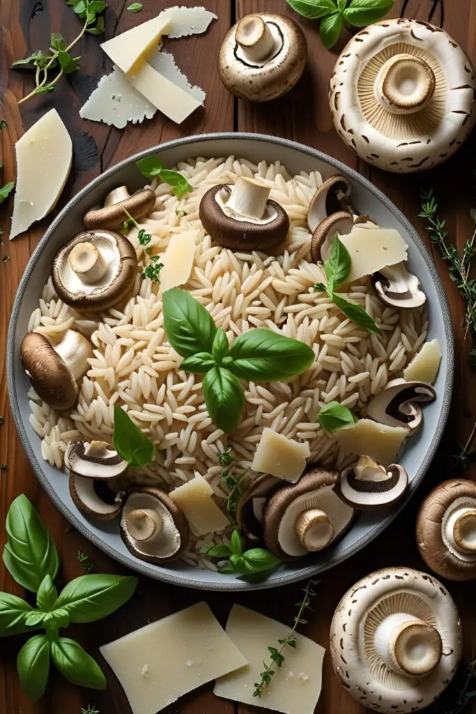 Close-up of creamy mushroom risotto with a sprinkle of Parmesan.