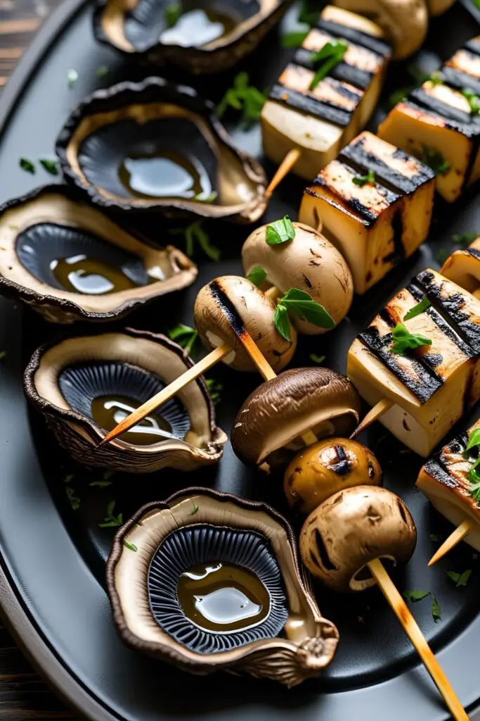 Close-up of skewered Cremini and Shiitake mushrooms alongside grilled Portobello caps on a BBQ plate.
