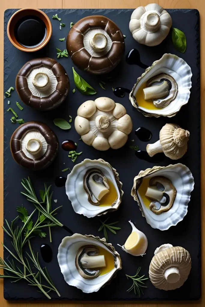 Platter of grilled mixed mushrooms including Portobello, Cremini, Shiitake, and King Oyster garnished with fresh herbs.