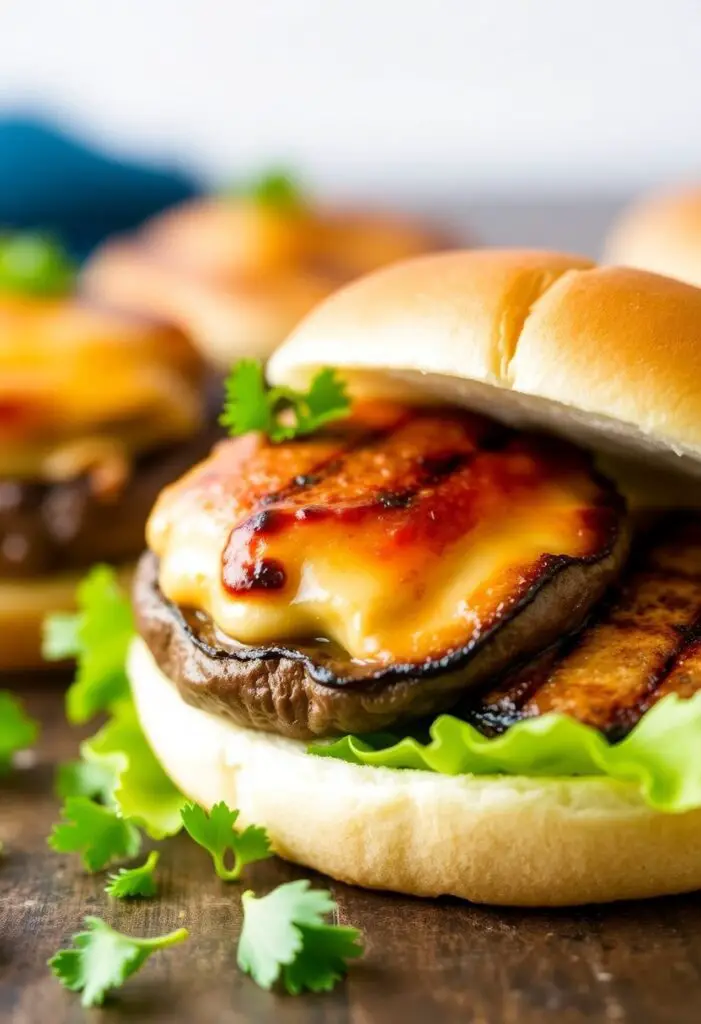 Grilled portobello burger on bun with fresh toppings