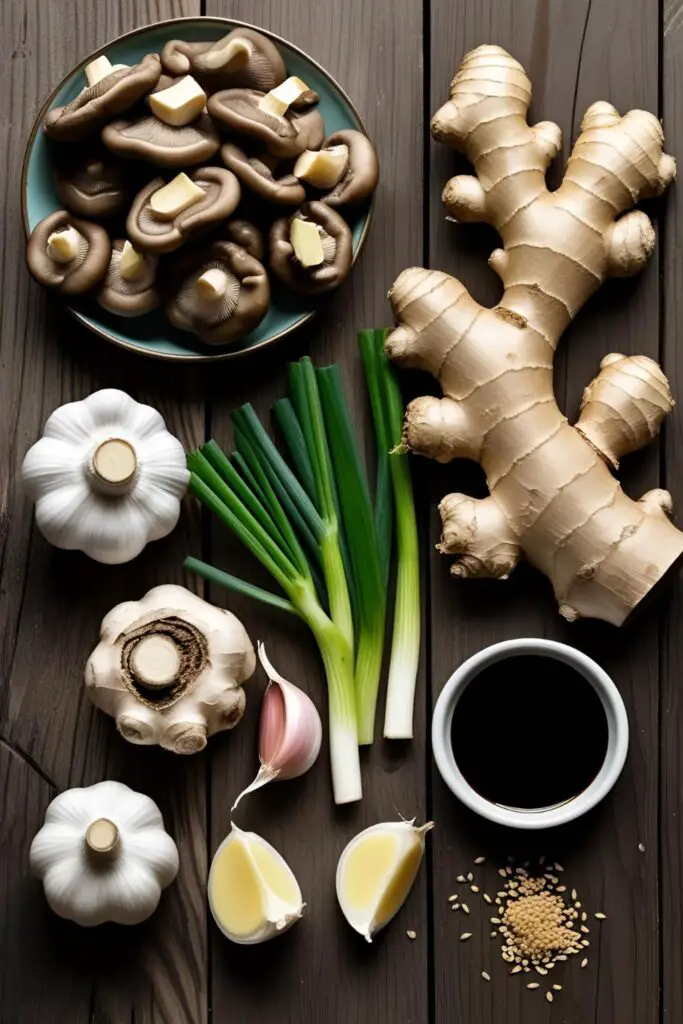 Close-up of caramelized shiitake mushrooms served over rice.