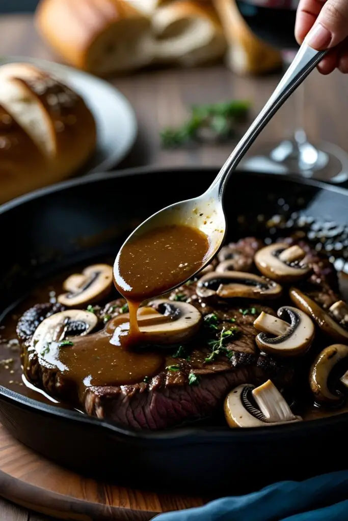 Rich, creamy chanterelle mushroom sauce being spooned over pasta in a bowl.
