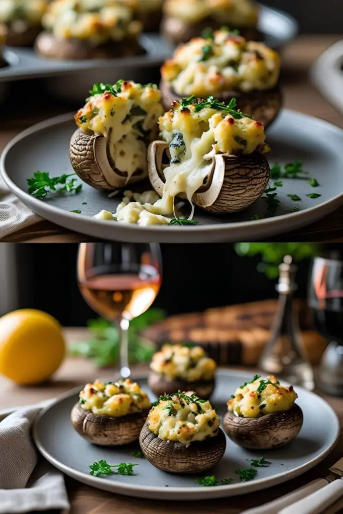 Close-up of stuffed mushroom topped with melted cheddar, cheese pull visible.