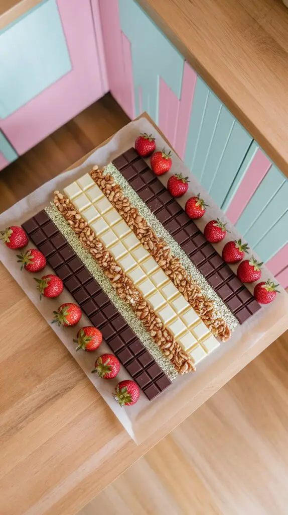 Assorted chocolate‑covered strawberries with varied toppings on serving platter.