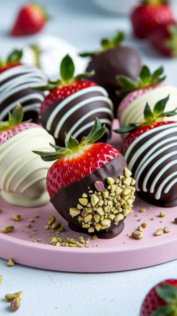 Close‑up of chocolate‑covered strawberry with pistachio sprinkle in soft lighting.

Ready for insta-worthy berries? 🍓