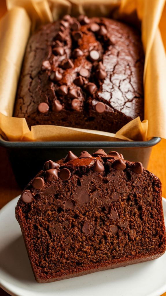 Sliced chocolate zucchini bread on parchment with a glossy finish and chocolate chip topping.