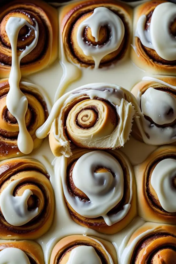 Overhead shot of a freshly baked pan of cinnamon rolls with frosting drizzle.