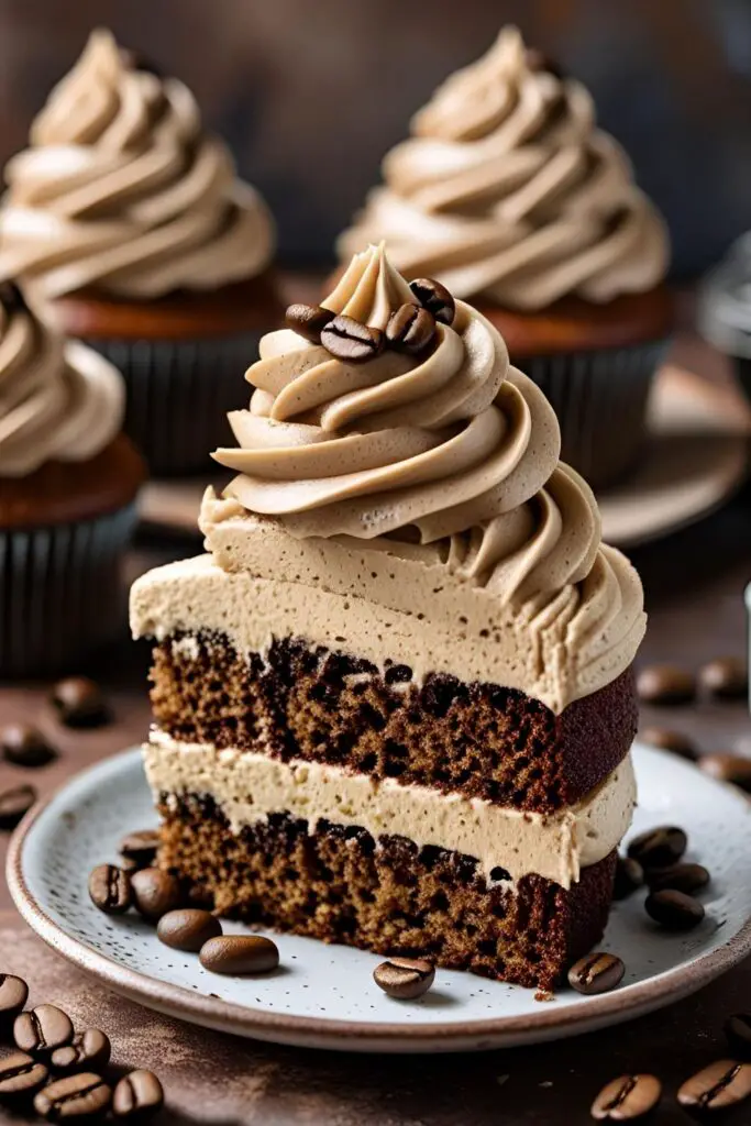Beautiful swirled dollop of coffee frosting in bowl with whisk and coffee beans around.