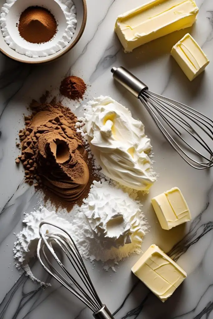 Layered cake slice topped with glossy coffee buttercream frosting and espresso bean.