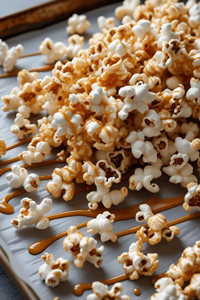 Close-up view of caramel-coated coffee popcorn in a white ceramic bowl on wooden surface
