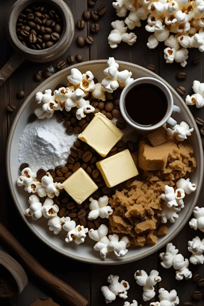 Sweet coffee popcorn cooling on parchment paper with caramel drizzle close-up