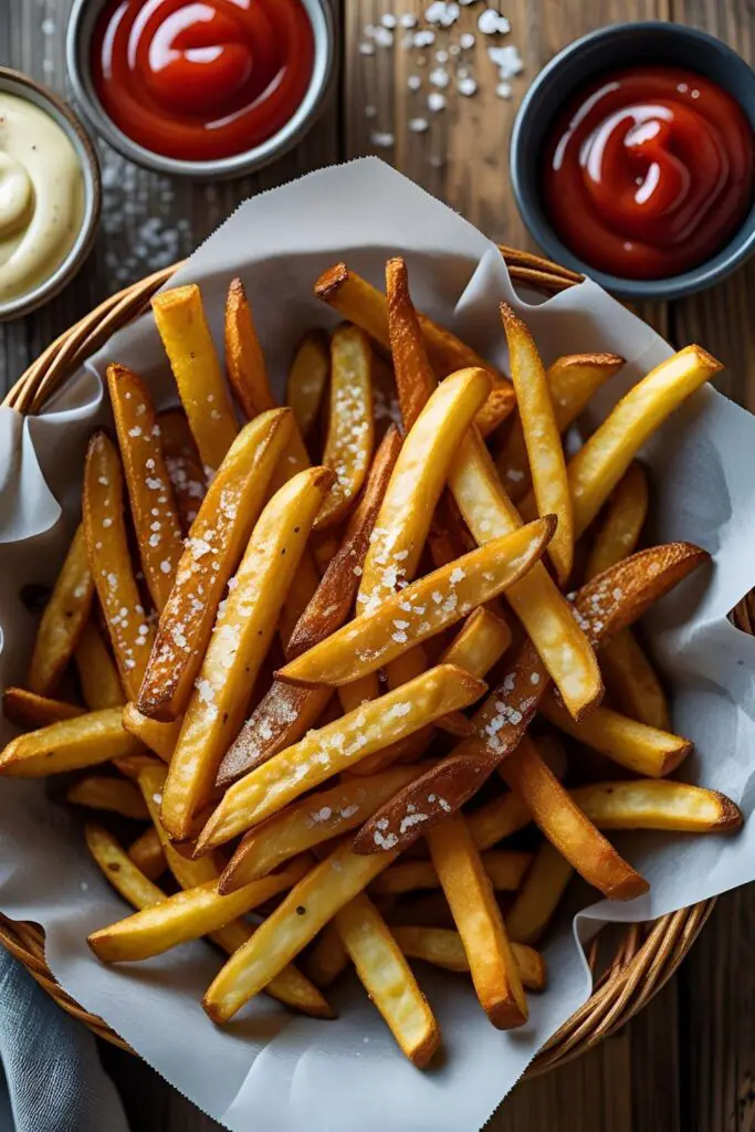 Close-up of crispy golden fries on parchment with sea salt, styled to mimic fast food presentation.
