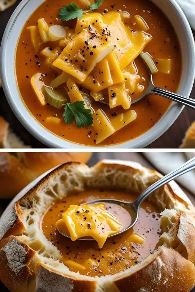 Homemade copycat broccoli cheddar soup served in a steaming bowl with a spoon dipped in

