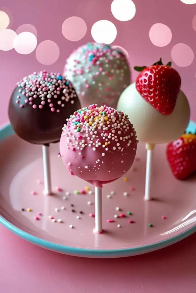 Close-up of chocolate-coated cake pop with sprinkles.