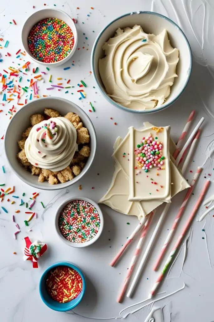 Overhead shot of cake pop ingredients and final decorated cake pops.