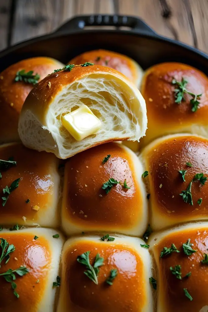 Close-up of freshly baked, buttery dinner rolls with herbs.