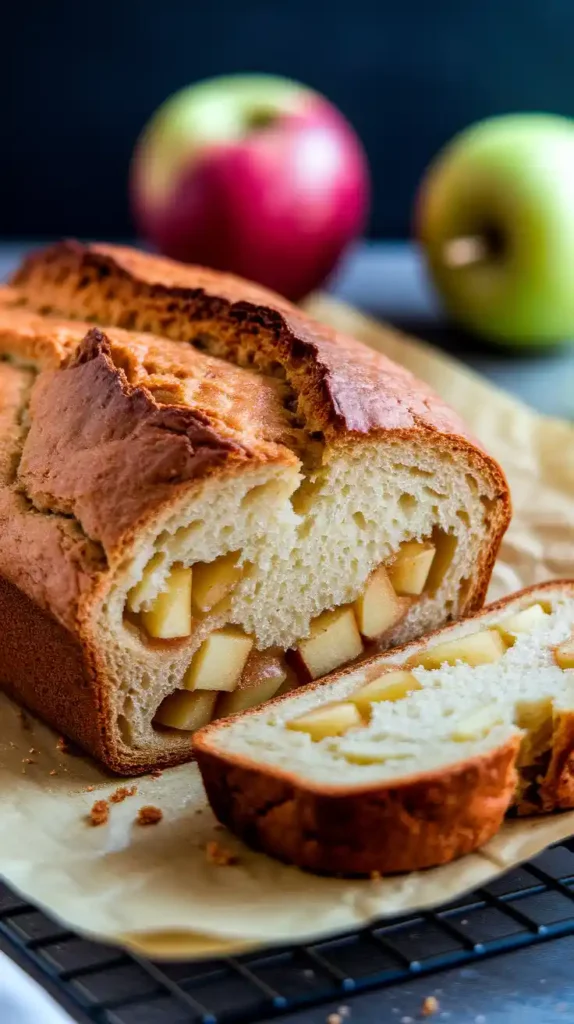Overhead view of whole apple bread with crumbs and cinnamon sprinkle.
