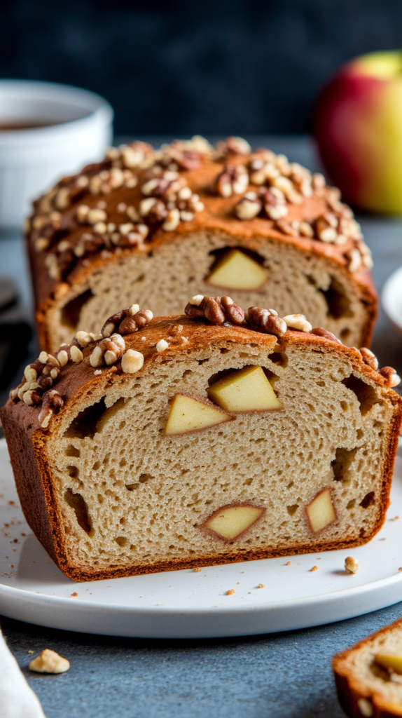 Whole loaf of apple cinnamon bread on cooling rack, slice cut showing apples.