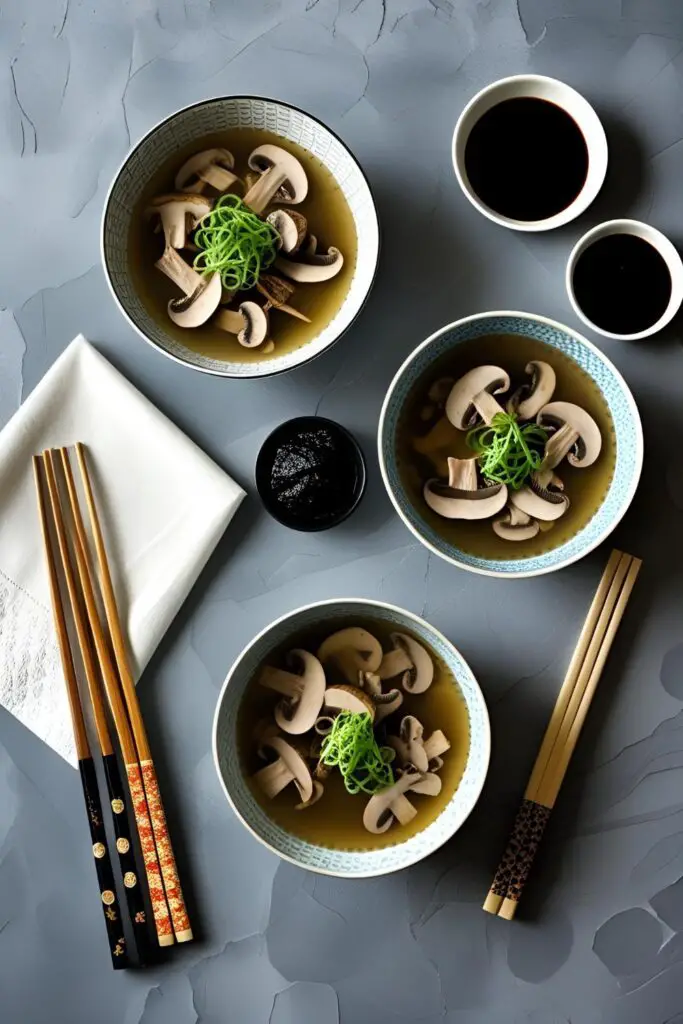 Close-up of a spoon lifting tofu and mushrooms from a bowl of hot mushroom miso soup, with steam rising in a cozy kitchen setting.