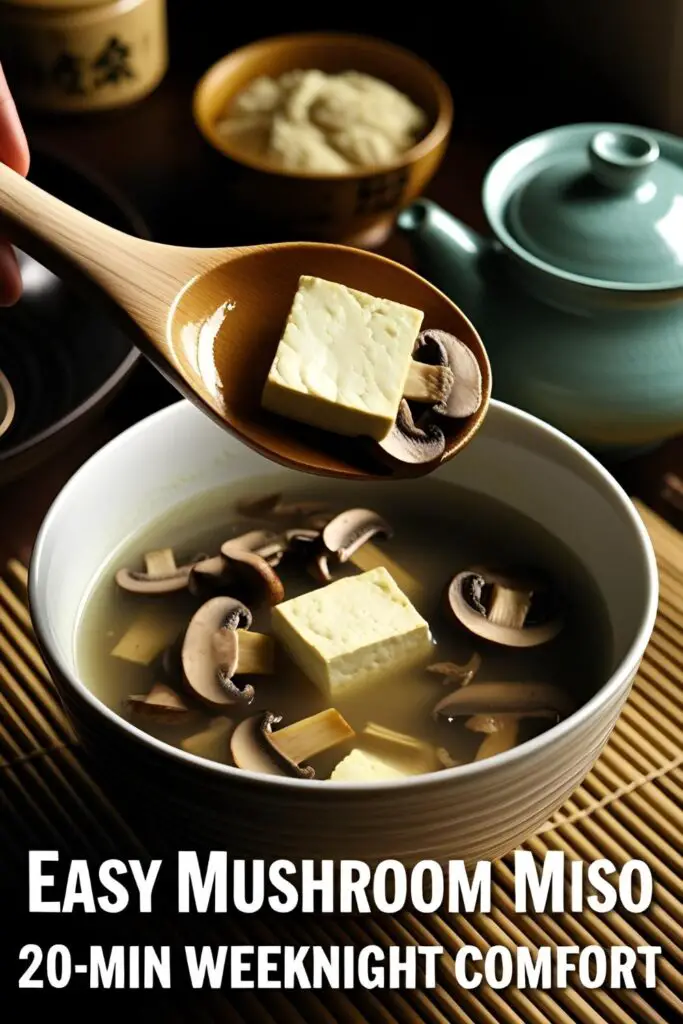 Flat lay of a Japanese-style miso soup spread with bowls of mushroom miso soup, chopsticks, napkin, soy sauce, and miso paste ingredients arranged aesthetically.