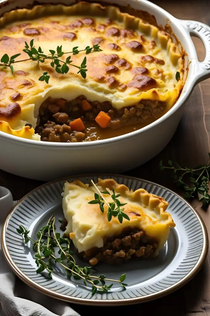 Golden baked shepherd’s pie with layers of mushrooms, lentils, and mashed potatoes, ready to serve.