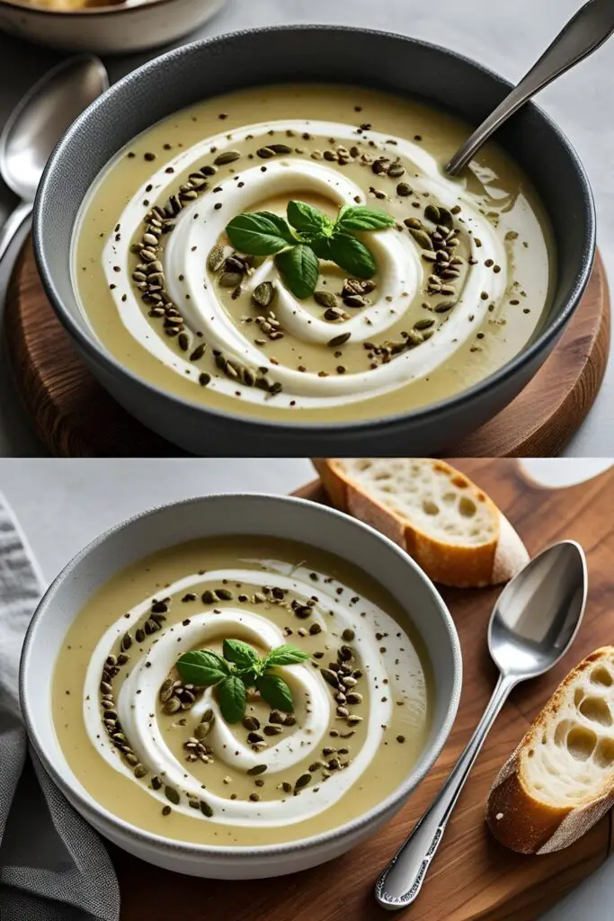 Close‑up of creamy butternut squash mushroom soup in a bowl with fresh herbs.