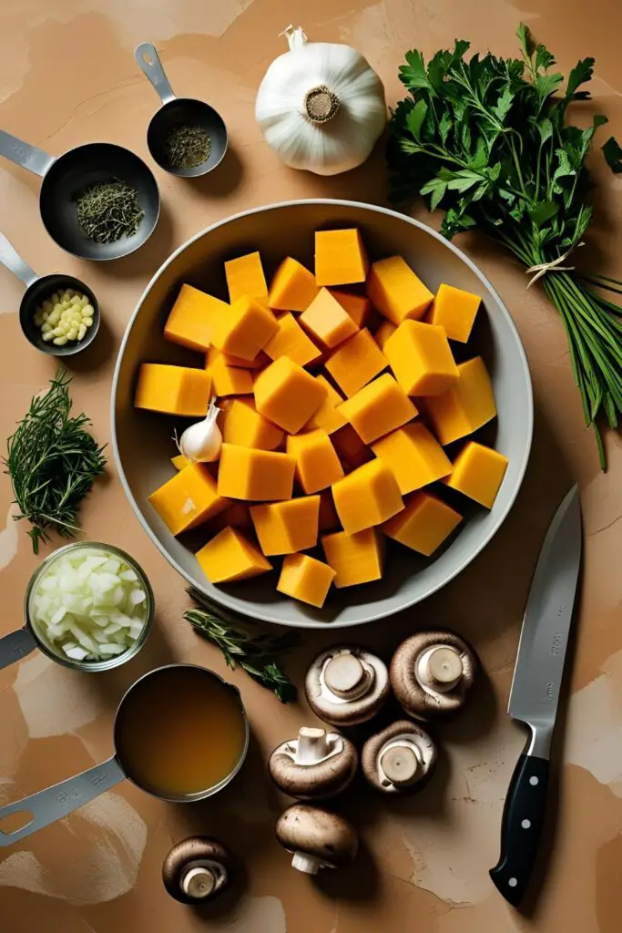 Vegan bowl of creamy squash‑mushroom soup garnished with parsley.