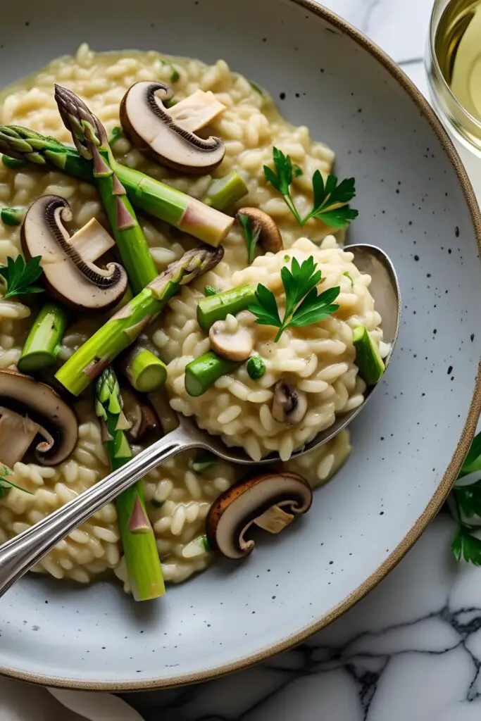  Elegantly plated creamy risotto with asparagus spears and mushrooms atop a marble counter.