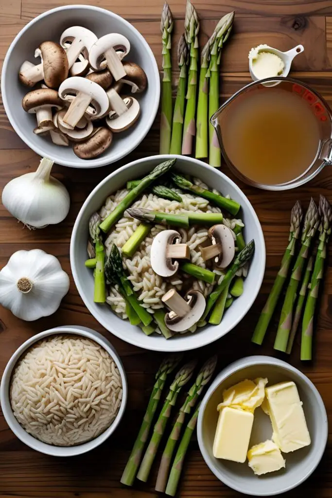 Bowl of warm mushroom asparagus risotto on a cozy table setting.