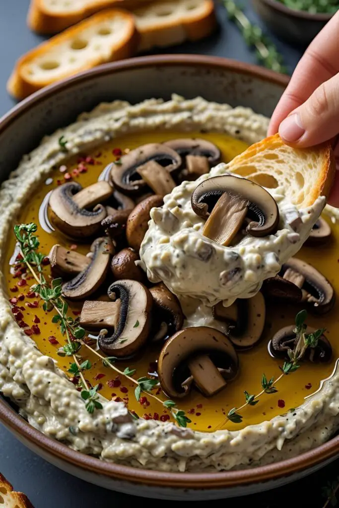 Creamy garlic mushroom dip in a bowl garnished with herbs and garlic cloves.