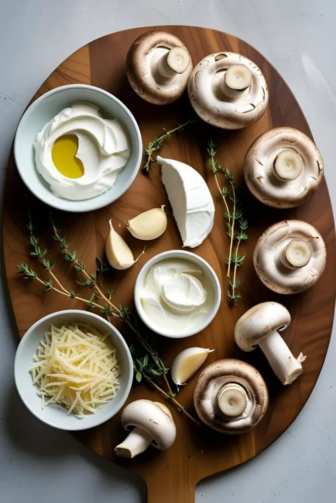 Top-down view of a bowl of creamy mushroom dip surrounded by vegetables.