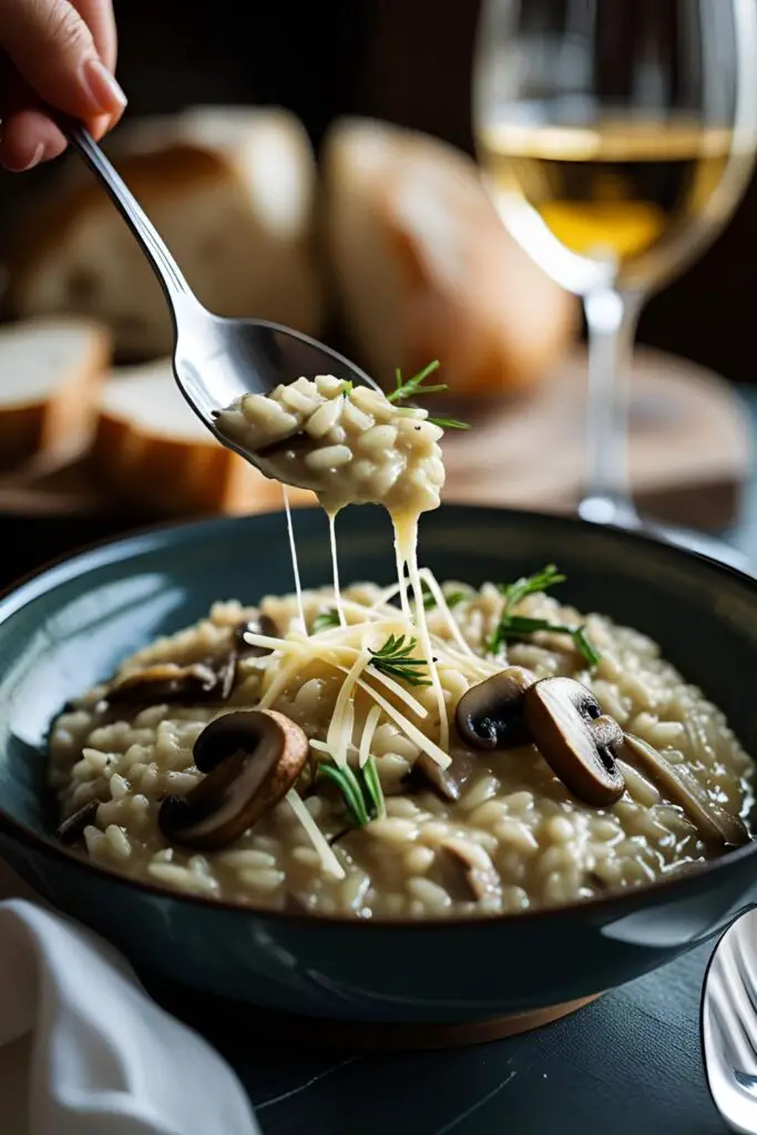 Creamy mushroom risotto served in a bowl with spoon, garnished with parsley and parmesan on a rustic wooden table.