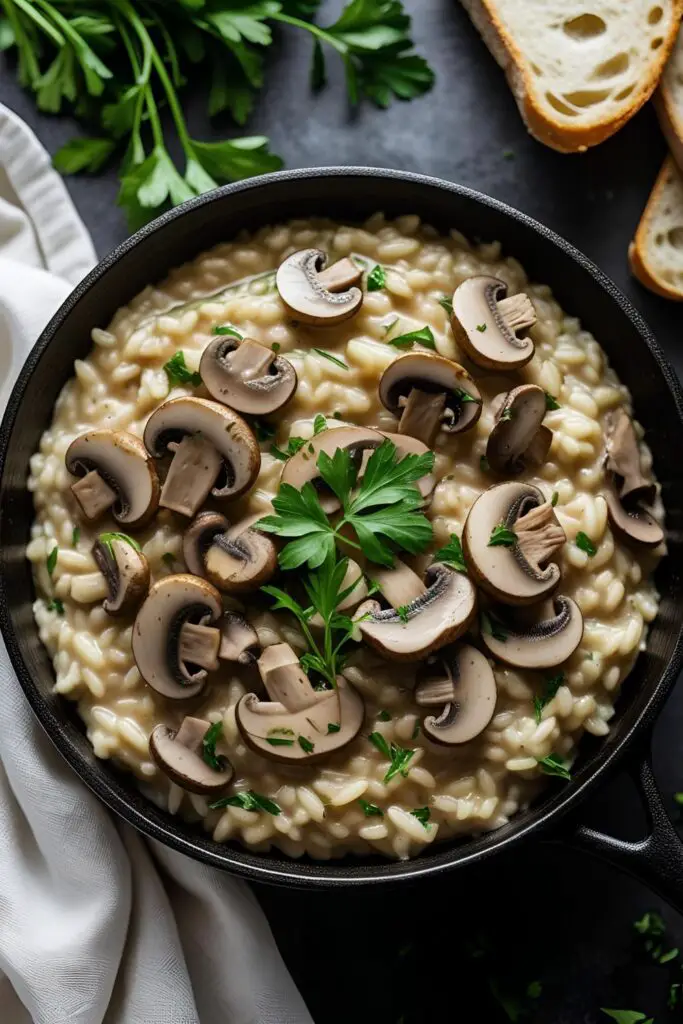 Overhead view of a cast-iron skillet filled with creamy mushroom risotto, topped with fresh herbs and served with crusty bread on the side."