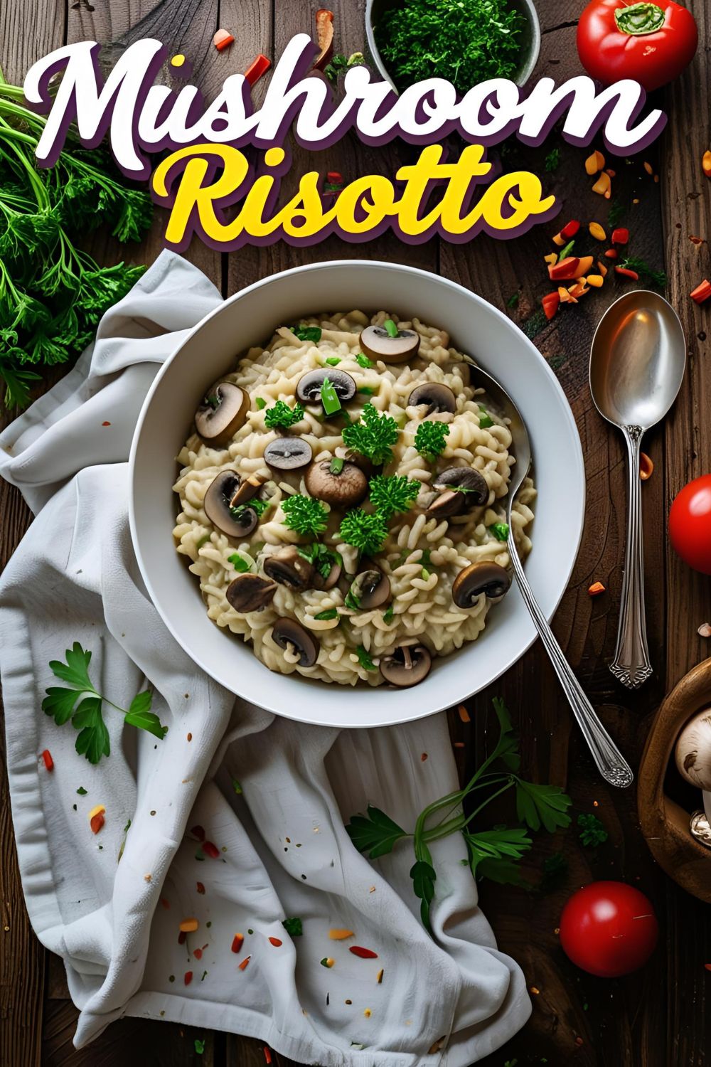 "Bowl of creamy mushroom risotto garnished with parsley."