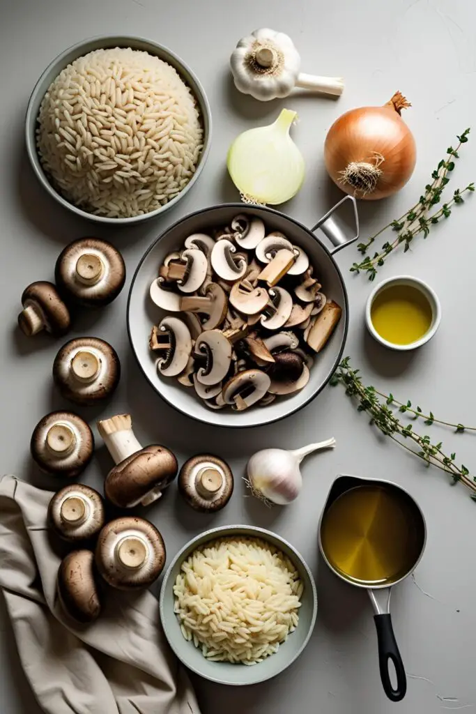 Close-up of creamy mushroom risotto in a pan, steam rising, garnished with thyme.