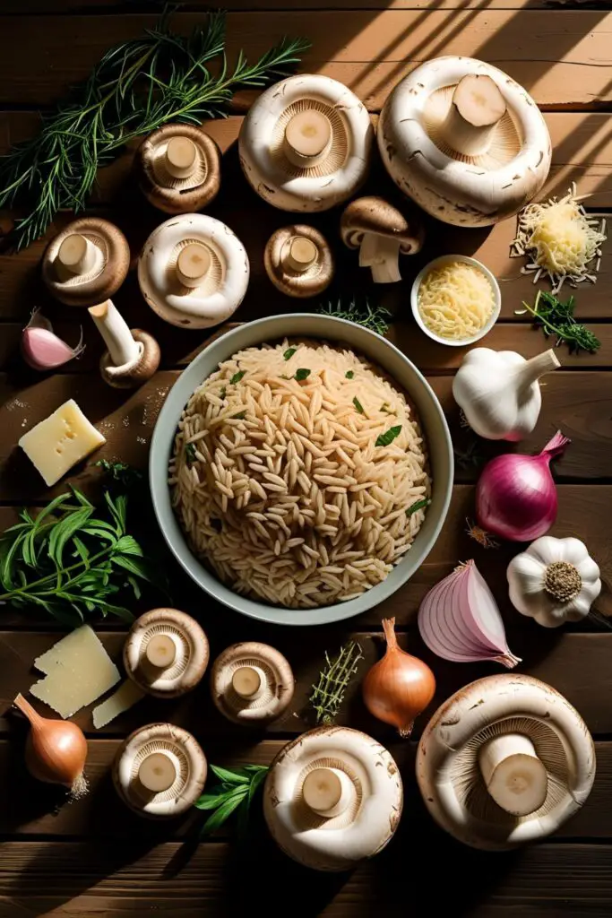  "Close-up of mushroom risotto in a white bowl with a spoon."