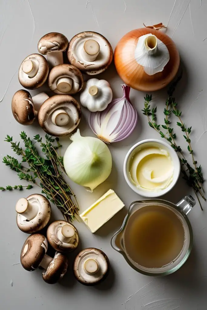 Wooden bowl of creamy mushroom soup with garnish, spoon beside.